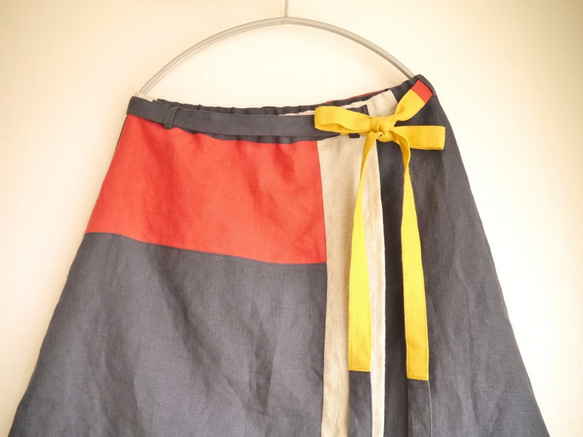 【マロン様オーダー】リネンパッチデザイン巻きスカート 3枚目の画像