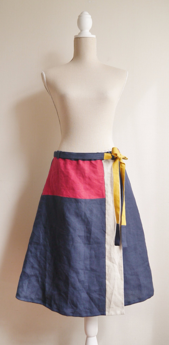 【マロン様オーダー】リネンパッチデザイン巻きスカート 4枚目の画像