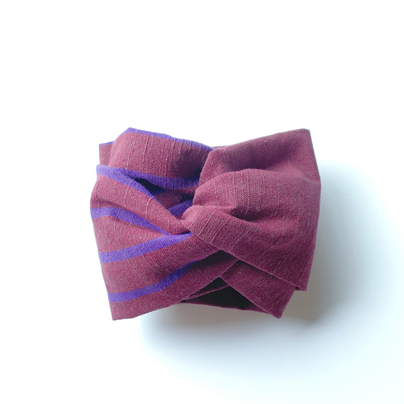 会津木綿のターバン(青紫縞×あずき) 2枚目の画像
