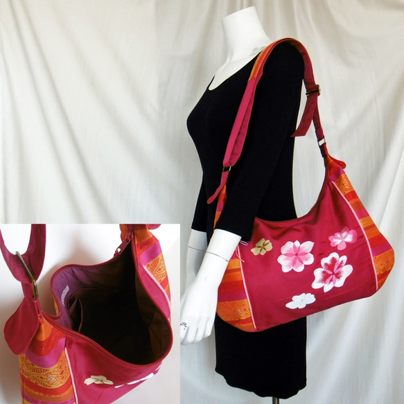 かわいい名古屋帯リメイク2-WAY キュートな斜めがけメッセンジャーバッグ- ルビー色にピンクの花ととアジアン模様 5枚目の画像