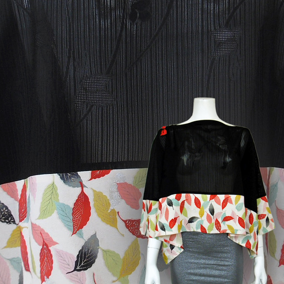 単衣の夏用着物のリメイク：２トーン、２通り使える折り紙ドルマンブラウス＆シュラグジャケット 2枚目の画像