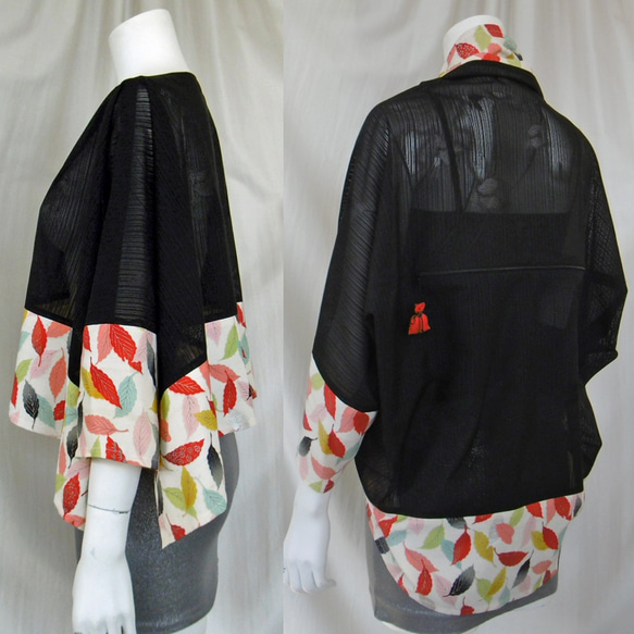 単衣の夏用着物のリメイク：２トーン、２通り使える折り紙ドルマンブラウス＆シュラグジャケット 5枚目の画像
