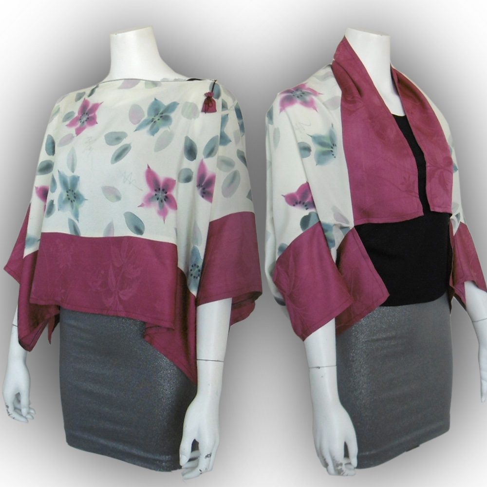 着物のリメイク：２トーン、２通り使える折り紙ドルマンブラウス＆シュラグジャケット