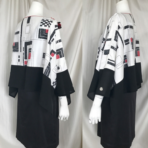 留袖とモダンな着物のリメイク：２トーン、２通り使える折り紙ドルマンブラウス＆シュラグジャケット、家紋付き 4枚目の画像