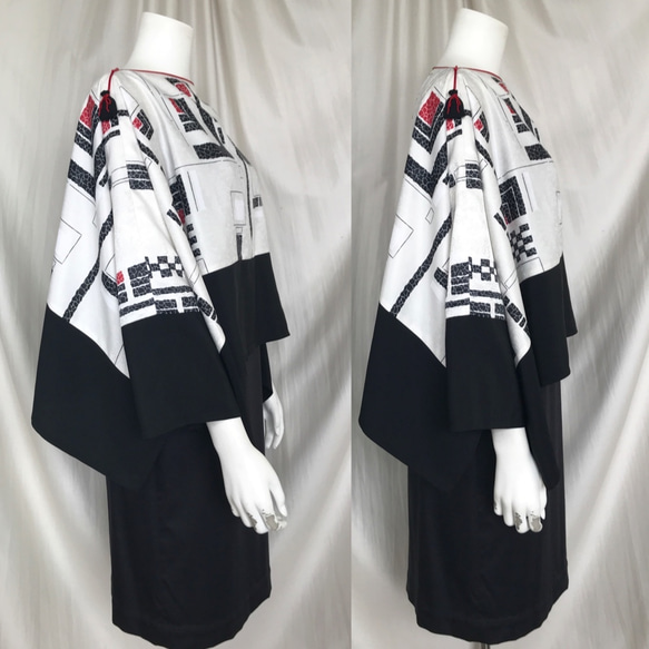 留袖とモダンな着物のリメイク：２トーン、２通り使える折り紙ドルマンブラウス＆シュラグジャケット、大きめのサイズ 3枚目の画像