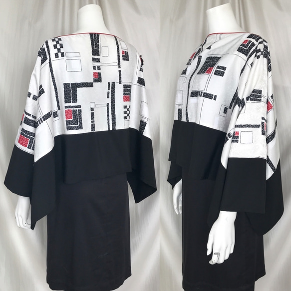 留袖とモダンな着物のリメイク：２トーン、２通り使える折り紙ドルマンブラウス＆シュラグジャケット、大きめのサイズ 4枚目の画像
