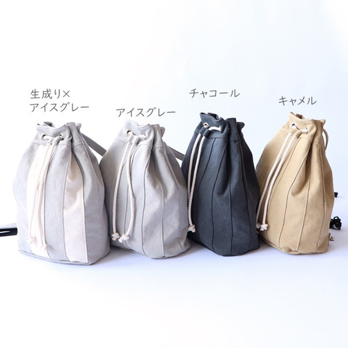 ヌビ生地♡刺繍巾着バック/生成り×合皮 りんご狩り