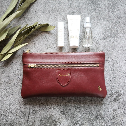 見た目の高級感/牛革ダブルファスナーコスメポーチ/ボルドー/うさぎ