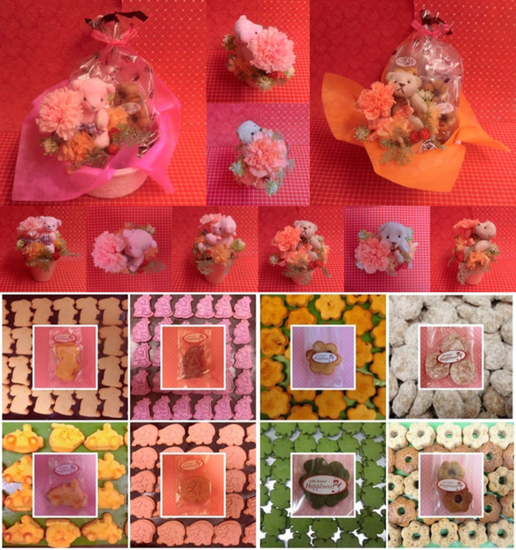 クマさんがプリザーブドフラワーのカーネーションの花束を持ったアレンジと野菜や果物を使った焼き菓子2袋のギフトセット 6枚目の画像