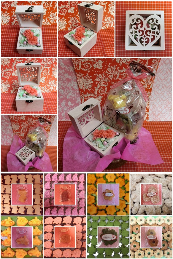 ハート柄の木箱にアレンジしたピンクのカーネーションのプリザーブドフラワーと野菜や果物を使った焼き菓子８袋のギフトセット 10枚目の画像