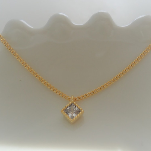 Haru】ダイヤカット キュービックジルコニア ネックレス◇スクエア 4mm 