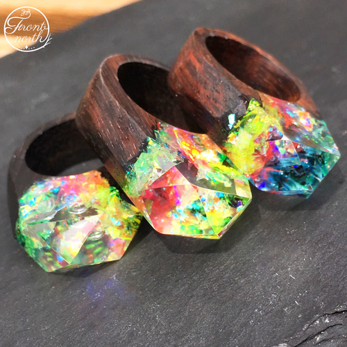 魔法の指輪【虹のシャイニーリング】ウッド＆レジン 指輪・リング