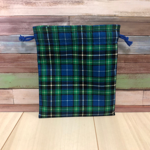 巾着 チェック柄 緑×青（きんちゃく ポーチ チェック クリスマス