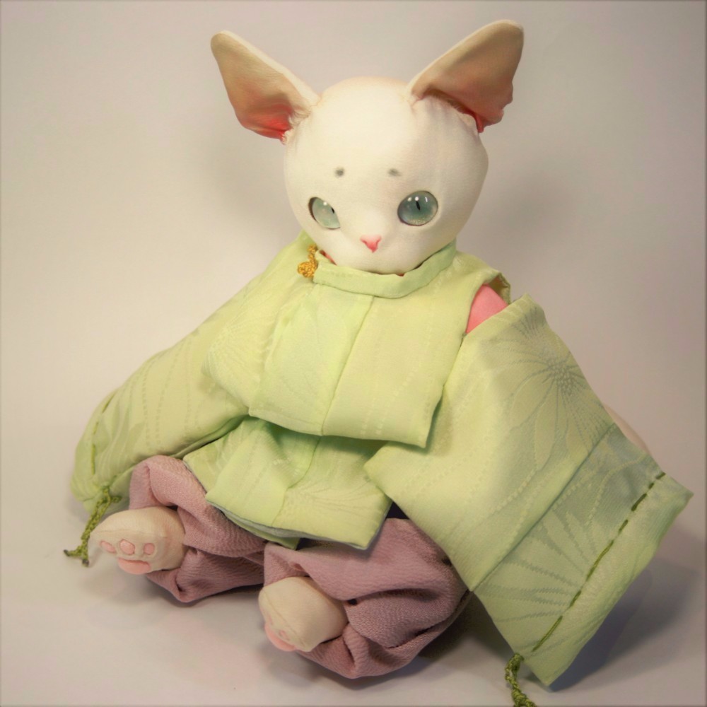 猫、31cm、粘土人形、布人形、オブジェ、手作り、衣装&髪飾りセット、白猫