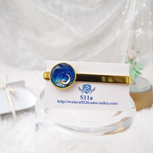 女性用ネクタイピン 青い月 オーシャンブルー×シャンパンゴールド