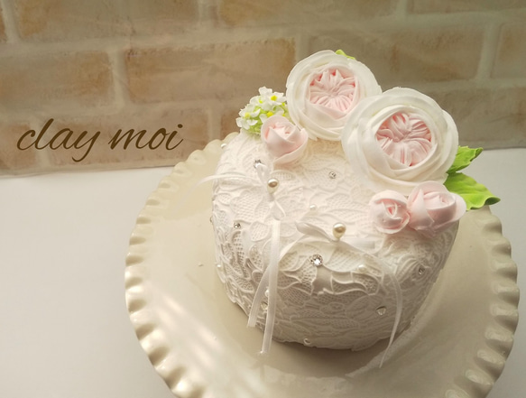 【完全受注製作】イングリッシュローズのクレイケーキ リングピロー 1枚目の画像