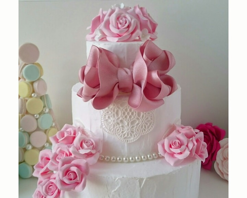 ピンクりぼんのクレイケーキセット リボンとバラのクレイケーキ🎀 ピンクでオーダーいただきました