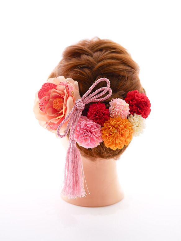 33ちりめん椿とマムの髪飾り♡ピンク 1枚目の画像