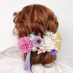 C10 マムと和玉とかすみ草の髪飾りセット　パープル系 4枚目の画像