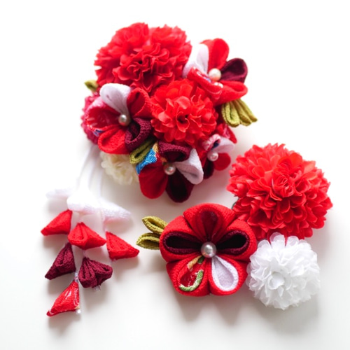 E8 つまみ細工とマムの髪飾りセット 赤 ヘッドドレス（アクセサリー