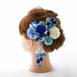 E3 つまみ細工とマムの髪飾りセット ブルー 2枚目の画像