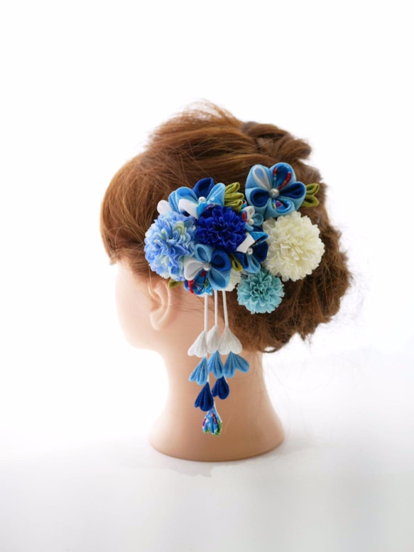 E3 つまみ細工とマムの髪飾りセット ブルー 2枚目の画像