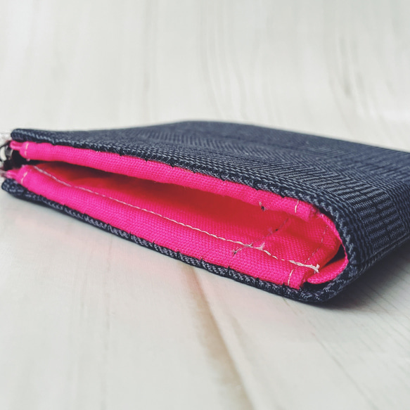 コンパクト L字ファスナー ミニ財布　グレンチェック×ビビットピンク  蛇腹付き　薄い　軽い　軽量　布財布　布　秋 5枚目の画像