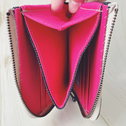 コンパクト L字ファスナー ミニ財布　グレンチェック×ビビットピンク  蛇腹付き　薄い　軽い　軽量　布財布　布　秋 7枚目の画像