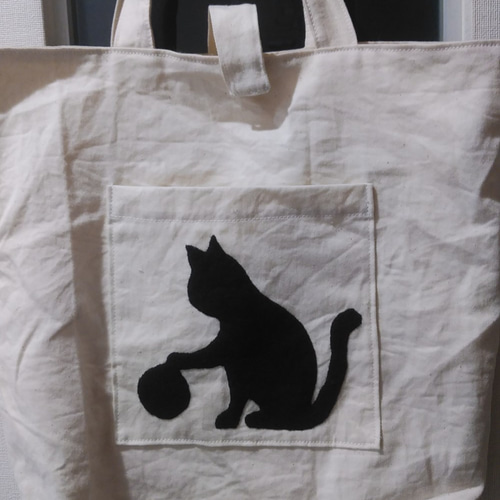 受注生産】ハンドメイド ミニ手提げトートバッグ ポケットに猫の