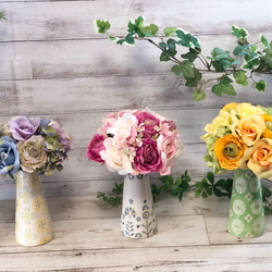 アーティフィシャルフラワー ブーケ&可愛い花器のセット 造花 バラ 