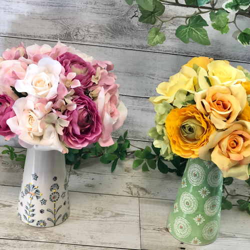 アーティフィシャルフラワー ブーケ&可愛い花器のセット 造花 バラ