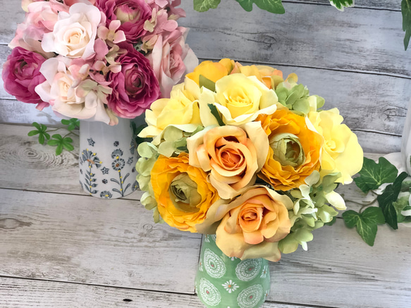 アーティフィシャルフラワー ブーケ&可愛い花器のセット　造花　　バラ　ローズ　アートフラワー 5枚目の画像
