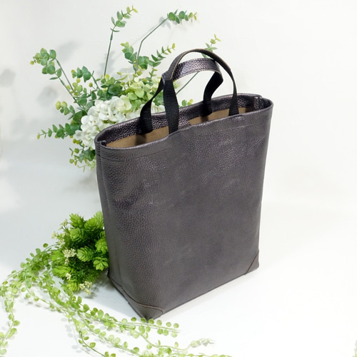 1306)牛革☆ブロンズ系メタリック色のシンプルトート7 バケツ