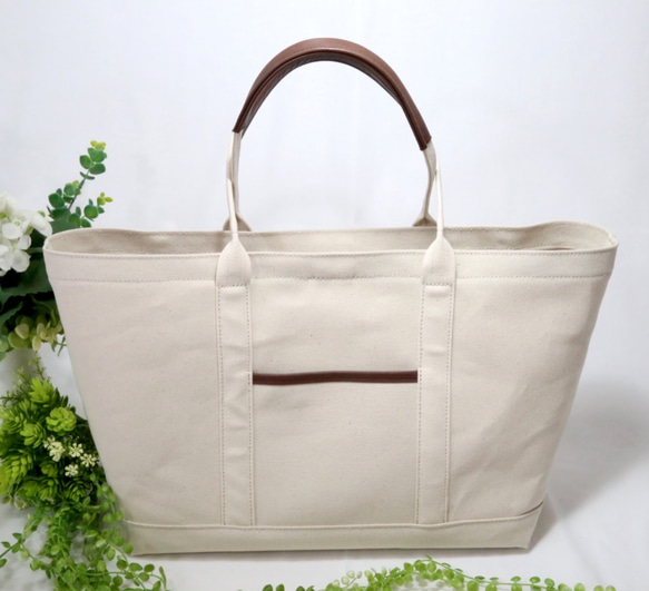 50%OFF☆倉敷6号帆布☓牛革☆なんでも入る大きなトート1☆生成