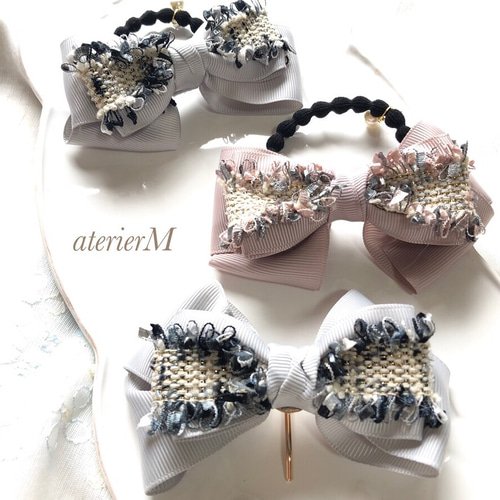 くすみカラーのツイードリボンポニーフックorヘアゴム （ピンク