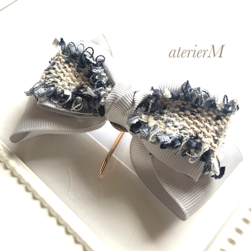 ツイードリボン♡ホワイトスノー♡ハンドメイドヘアゴム くすみカラーのツイードリボンポニーフックorヘアゴム （ピンク