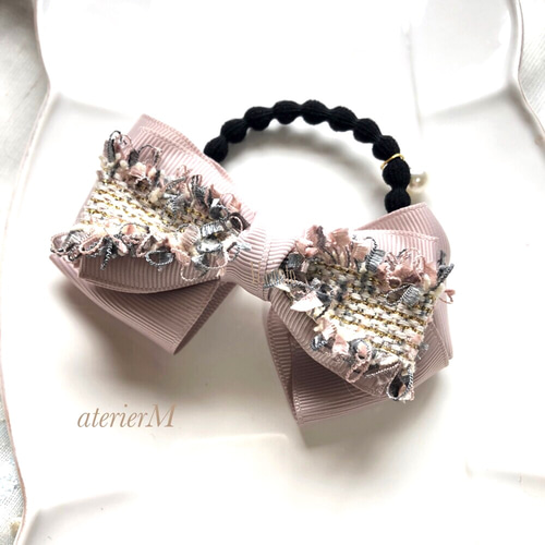 雪苺のツイードリボン　ハンドメイド　ヘアゴム  リントン LINTON ツイード リボン ヘアゴム リントン社 ブランド おしゃれ