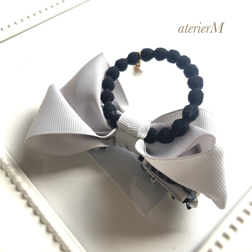 くすみカラーのツイードリボンポニーフックorヘアゴム （ピンク