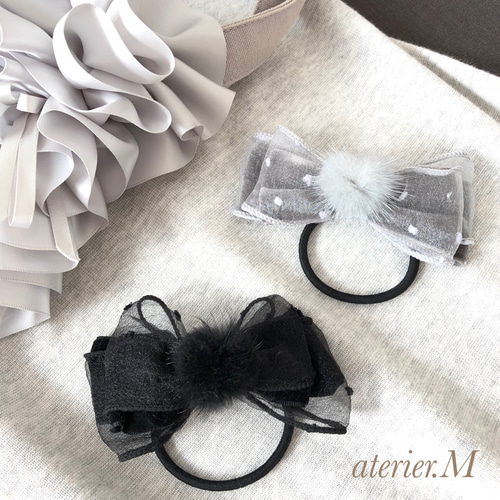 ドットチュールデニムリボン⋈♡*。゜ヘアゴム☆親子コーデ☆オーダー