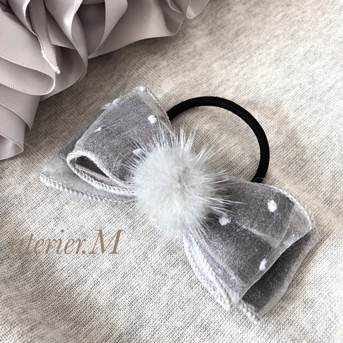 ドットオーガンジー&ベルベットのファーリボン ヘアゴムorバレッタ  