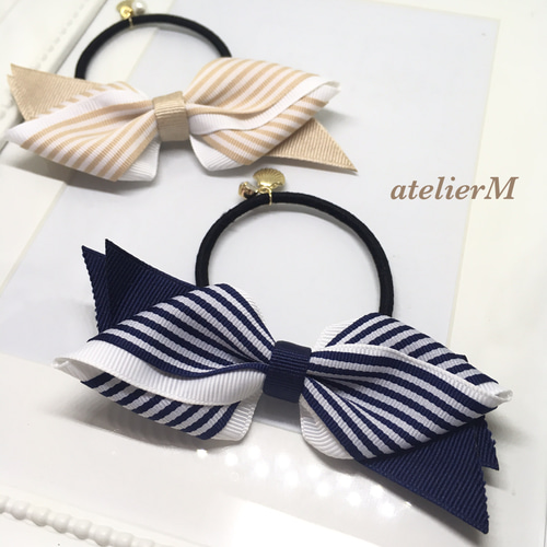 夏ヘアアクセ♡ストライプ＆シェルのシンプルリボンのヘアゴム  
