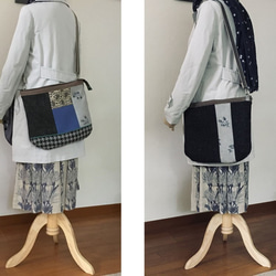 ウールのショルダーバッグA4　斜め掛けバッグ　刺繍と千鳥格子 2枚目の画像
