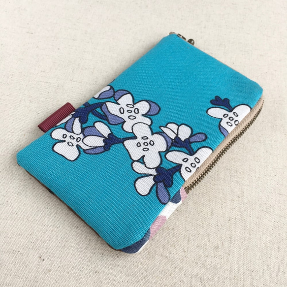 智能手機袋眼鏡盒 L 形拉鍊藍色花卉圖案 [免運費] 第1張的照片
