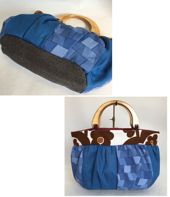 ☆銷售手提袋木柄復古藍色檢查 第4張的照片