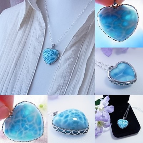 高品質/ラリマー】濃いブルーと深い波♡ぷっくりハート♡神秘な透明感