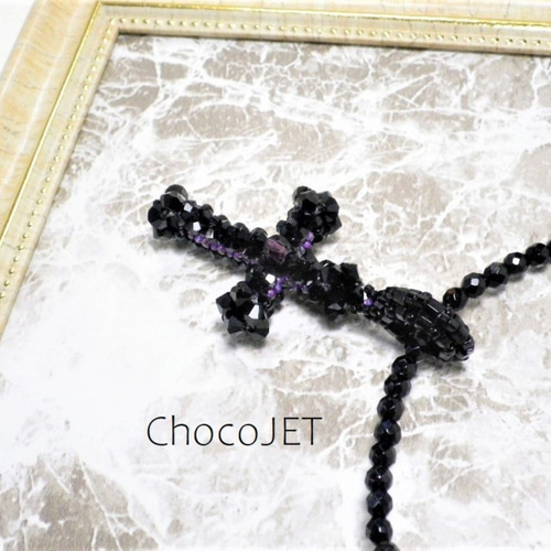 Swarovski フワロフスキー　クロスネックレス ブラッククリスタル スワロフスキーブラックビーズのクロスネックレス ラウンド