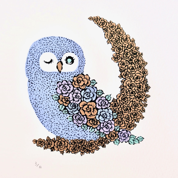 版画　 rose moon - owl （シルクスクリーンプリント） 3枚目の画像