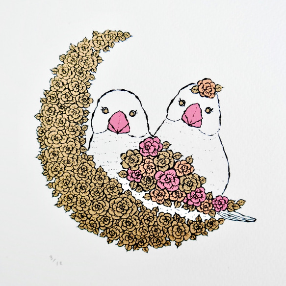 版画　 rose moon -Java sparrow（シルクスクリーンプリント） 3枚目の画像