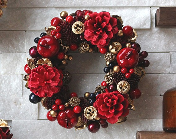 りんご・松ぼっくり・赤・レッド・リース (36R18) クリスマスリース