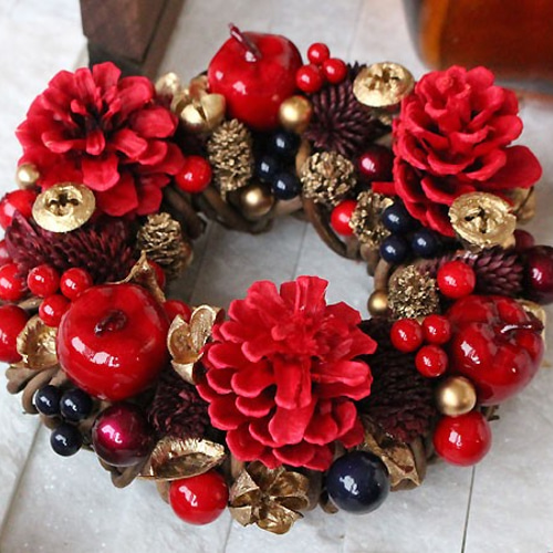 りんご・松ぼっくり・赤・レッド・リース (36R18) クリスマスリース